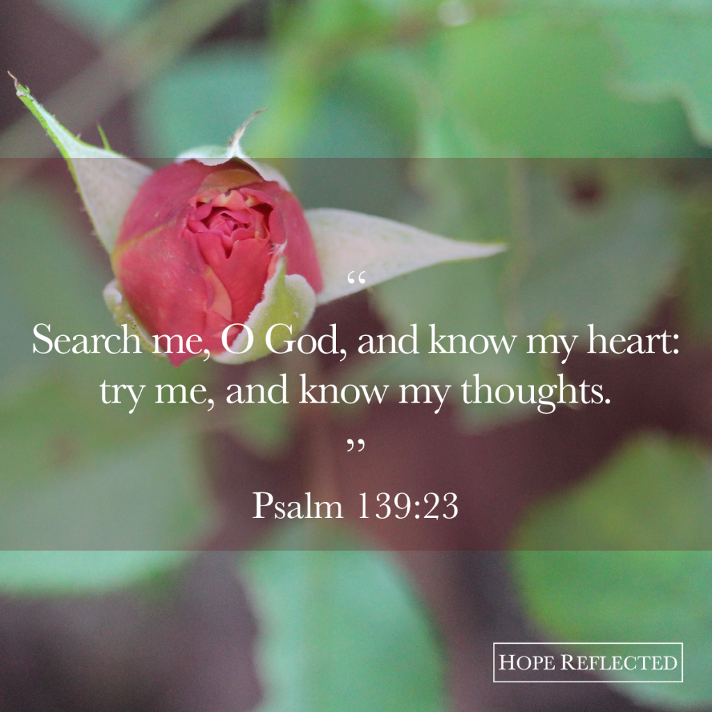 the next time you find yourself down, or hurting, ask God to search your heart, and remember that He knows you. He knows your thoughts. And He cares for you. "Search me, O God, and know my heart: try me, and know my thoughts." (Psalm 139:23) | See more at hopereflected.com