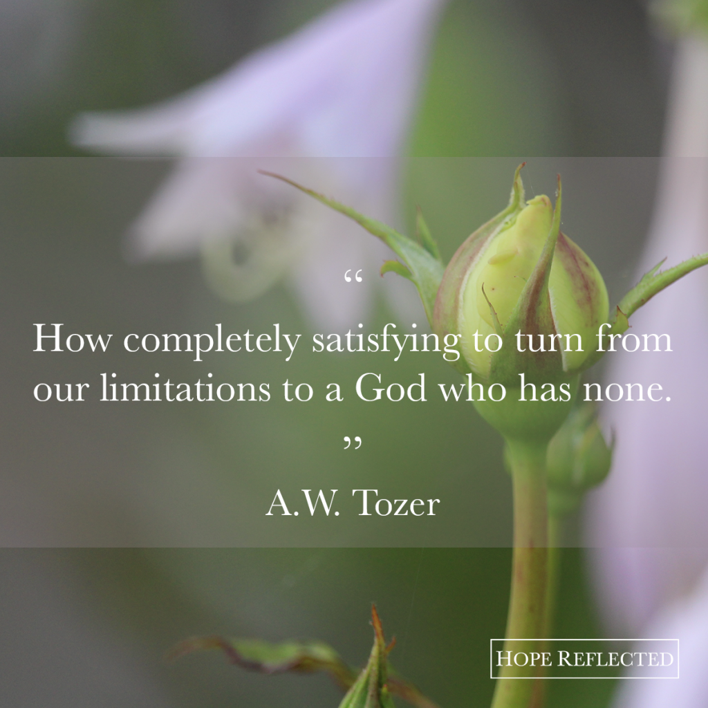 “How completely satisfying to turn from our limitations to a God Who has none.” A. W. Tozer | See more at hopereflected.com