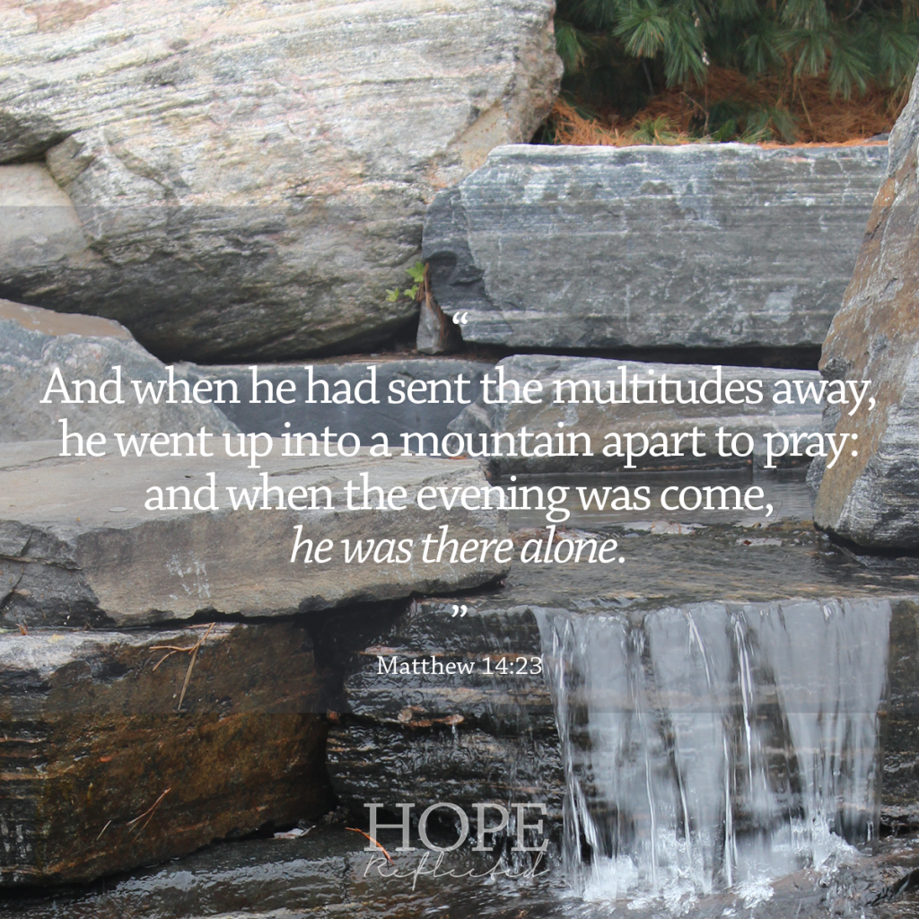 And when he had sent the multitudes away, he went up into a mountain apart to pray: and when the evening was come, he was there alone. (Matthew 14:23) | Time alone with God. Read more at hopereflected.com