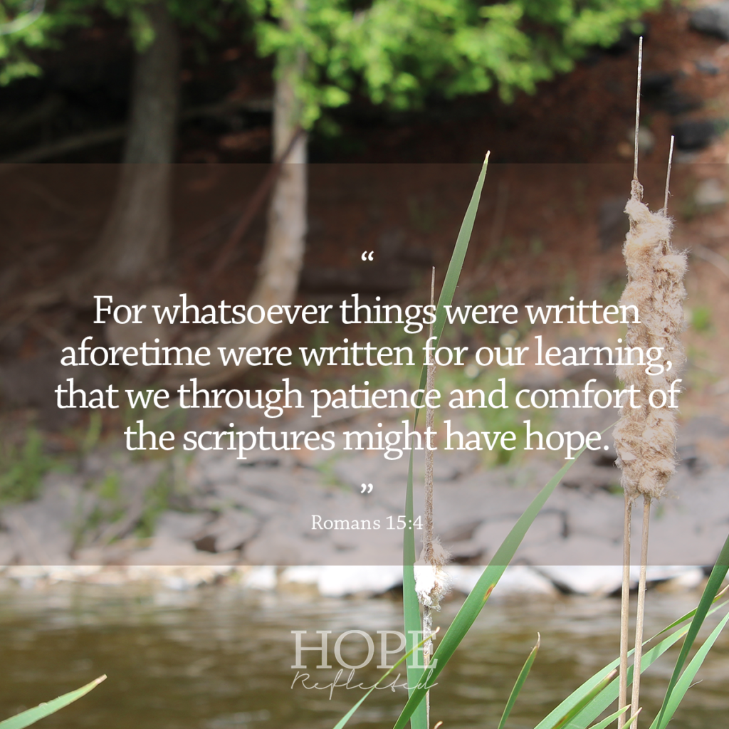 “For whatsoever things were written aforetime were written for our learning, that we through patience and comfort of the scriptures might have hope.” Romans 15:4 | Read devotions require devotion on hopereflected.com