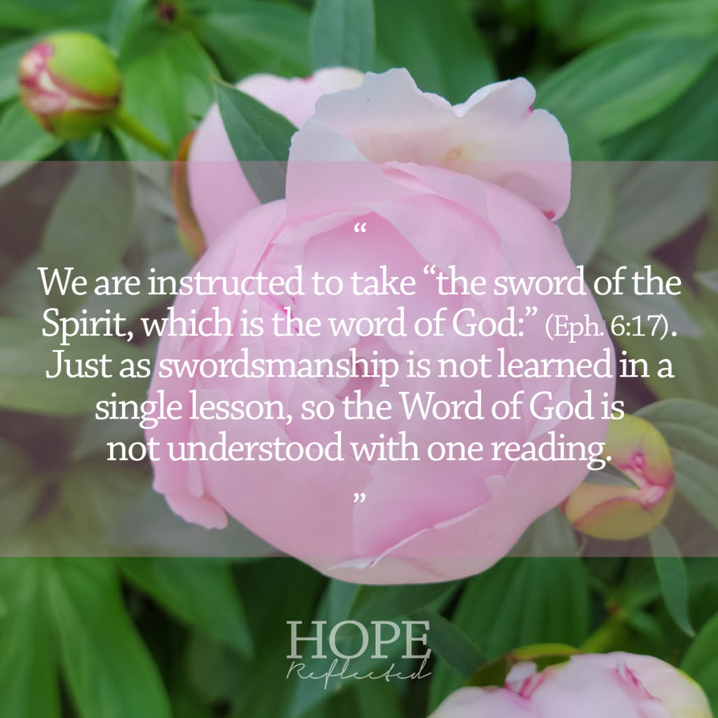 we are instructed to take “the sword of the Spirit, which is the word of God:” (v. 17). Just as swordsmanship is not learned in a single lesson, so the Word of God is not understood with merely one reading. See more at hopereflected.com