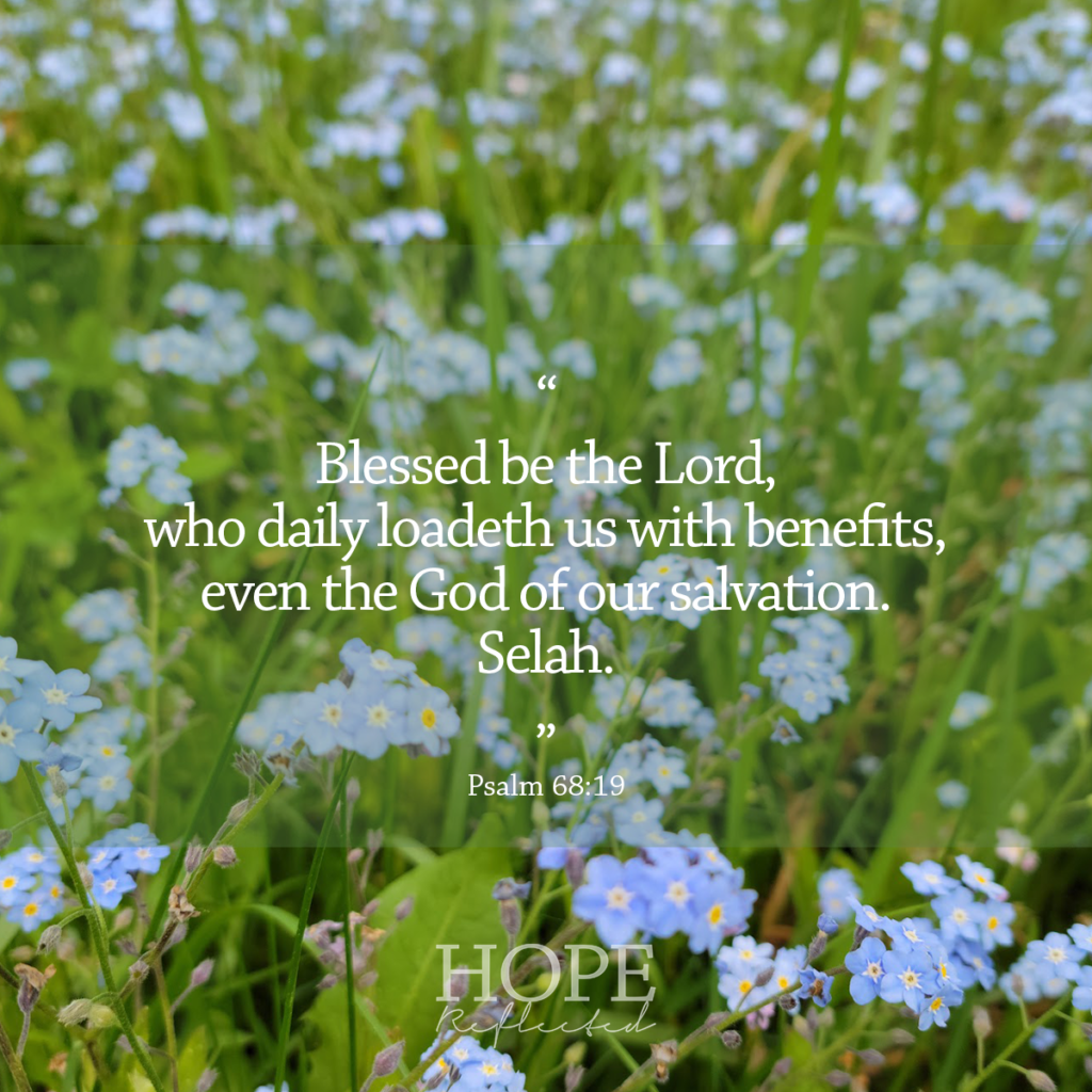 "Blessed be the Lord, who daily loadeth us with benefits, even the God of our salvation. Selah." Psalm 68:19 | Read more about the benefits of God at hopereflected.com