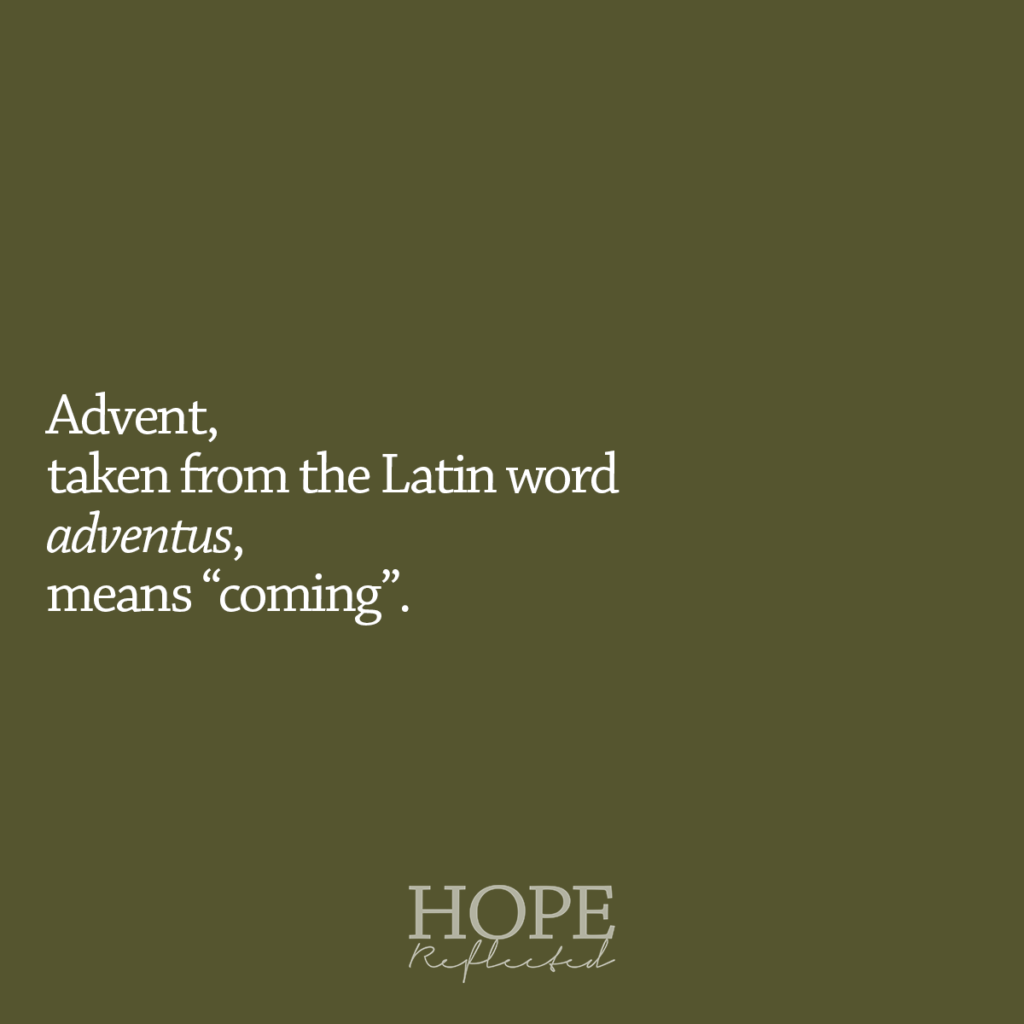 Advent, taken from the Latin word adventus, means "coming". Read more about what Advent is on hopereflected.com