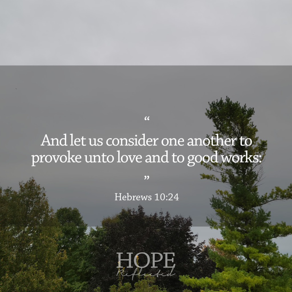 "And let us consider one another to provoke unto love and to good works:" Hebrews 10:24 | Read more of Coutenance Sharpeners on hopereflected.com