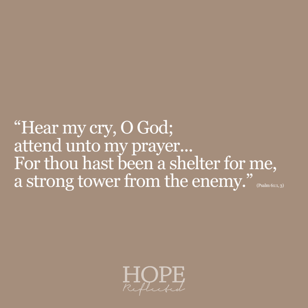 "Hear my cry, O God; attend unto my prayer... For thou hast been a shelter for me, a strong tower from the enemy." (Psalm 61: 1, 3) | Read more about surviving the storm on hopereflected.com