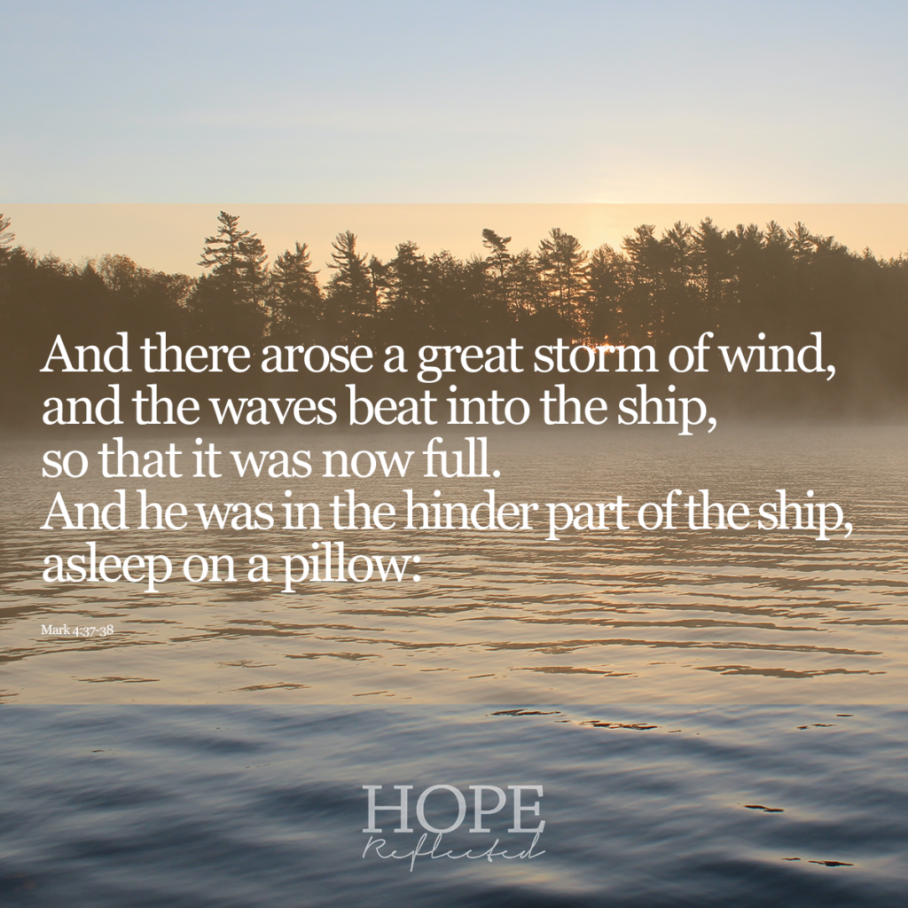 And there arose a great storm of wind, and the waves beat into the ship, so that it was now full. And he was in the hinder part of the ship, asleep on a pillow:" (Mark 4:37-38) Read more of At the Helm on hopereflected.com