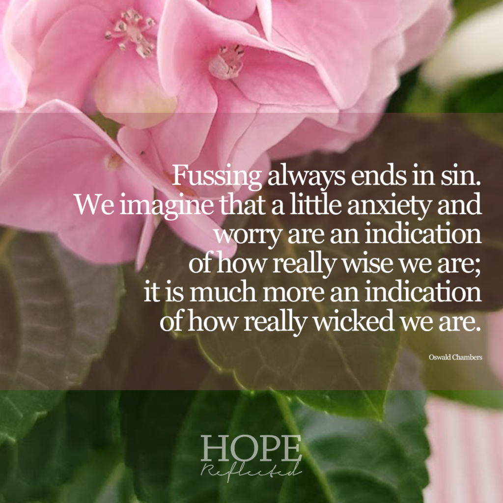 Fussing always ends in sin. We imagine that a little anxiety and worry are an indication of how really wise we are; it is much more an indication of how really wicked we are. (Oswald Chambers) Read more about worry on hopereflected.com