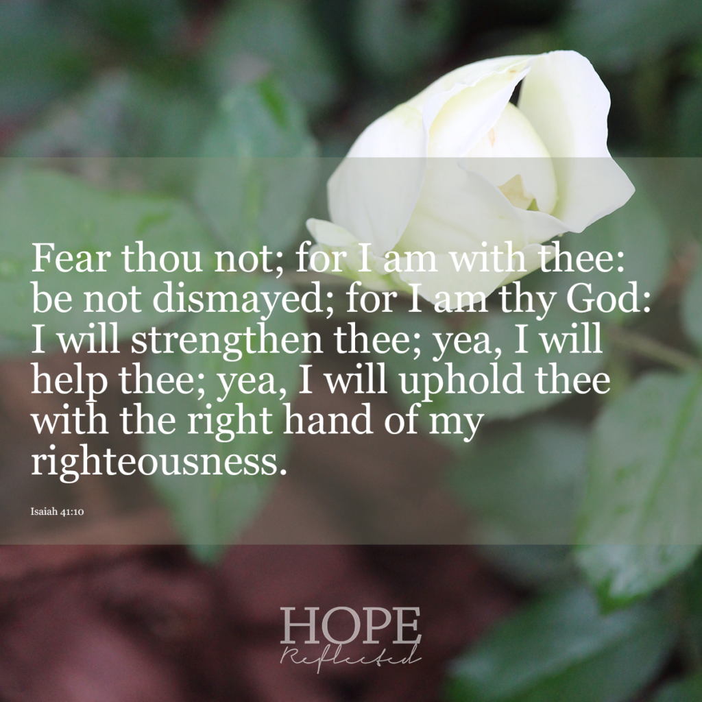 Fear thou not; for I am with thee: be not dismayed; for I am thy God: I will strengthen thee; yea, I will help thee; yea, I will uphold thee with the right hand of my righteousness. Isaiah 41:10 Read more on hopereflected.com