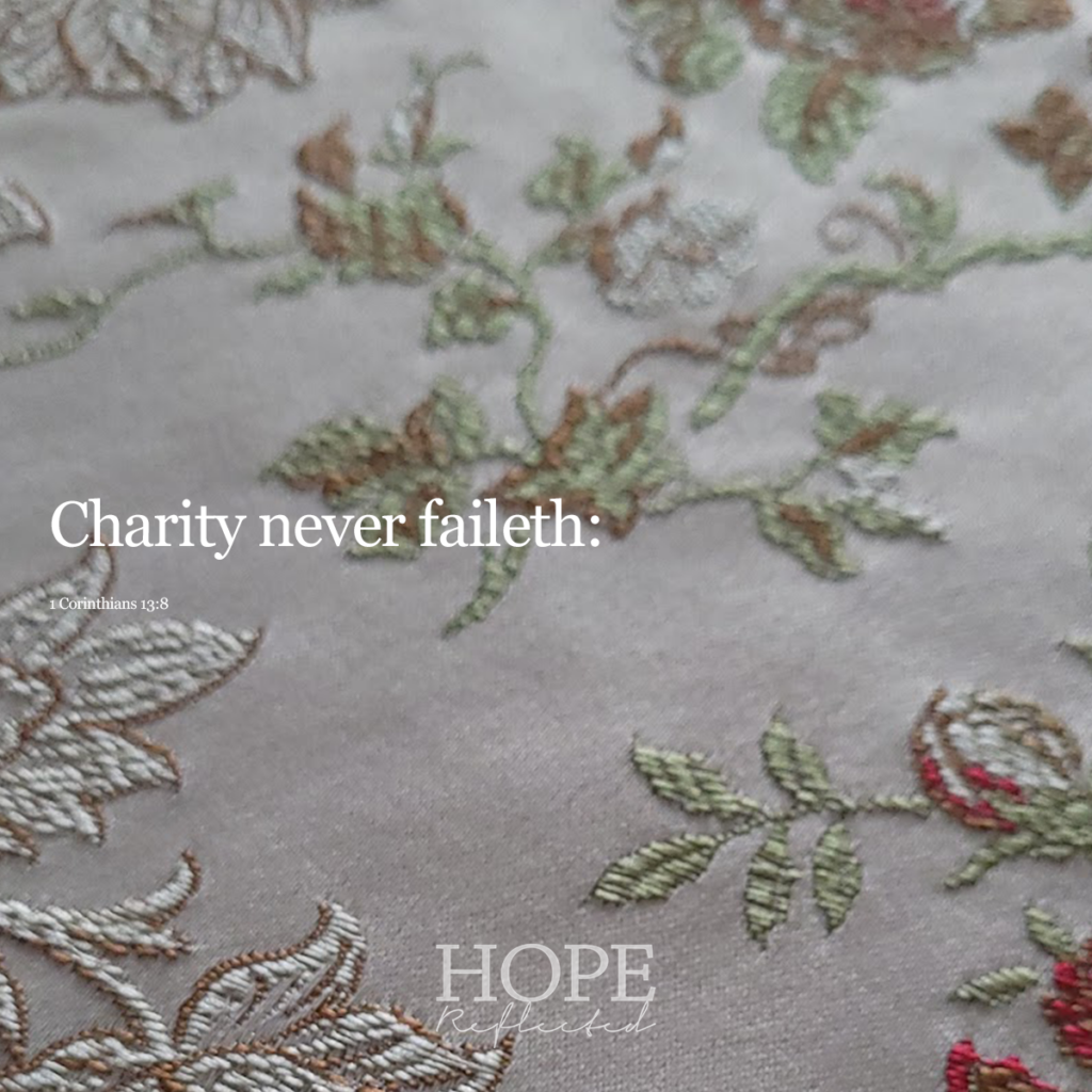 Charity never faileth: (1 Corinthians 13:8) | Read more of Love is a Verb part 3 on hopereflected.com