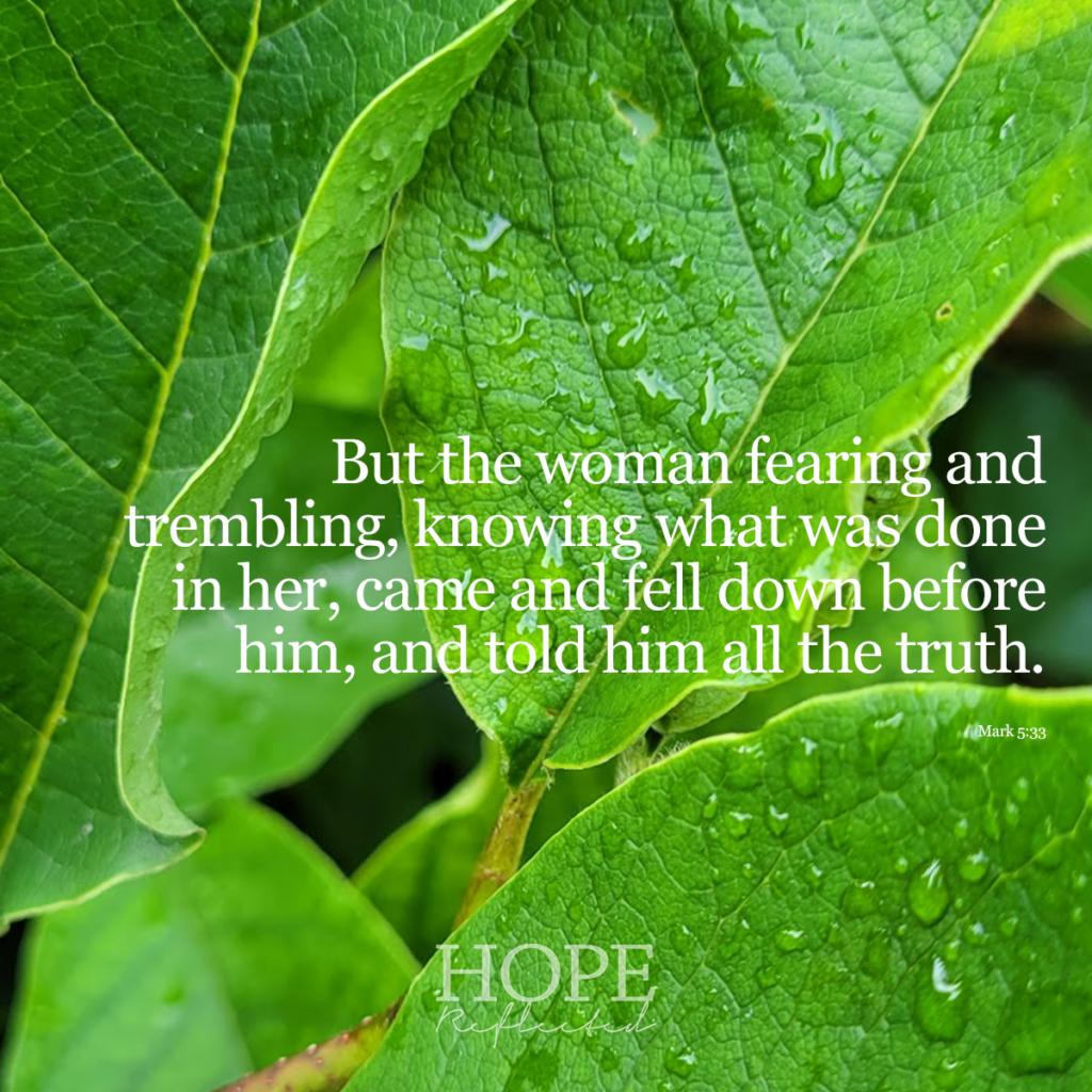 "But the woman fearing and trembling, knowing what was done in her, came and fell down before him, and told him all the truth." (Mark 5:33) | read more of "Touch His garment" on hopereflected.com