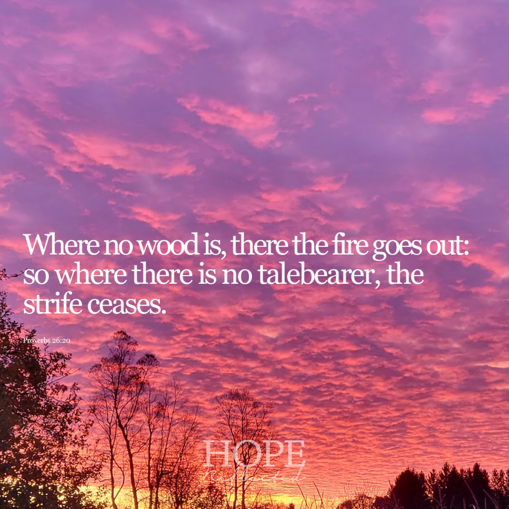 "Where no wood is, there the fire goes out: so where there is no talebearer, the strife ceaseth." (Proverbs 26:20) | Read more about gossip on hopereflected.com