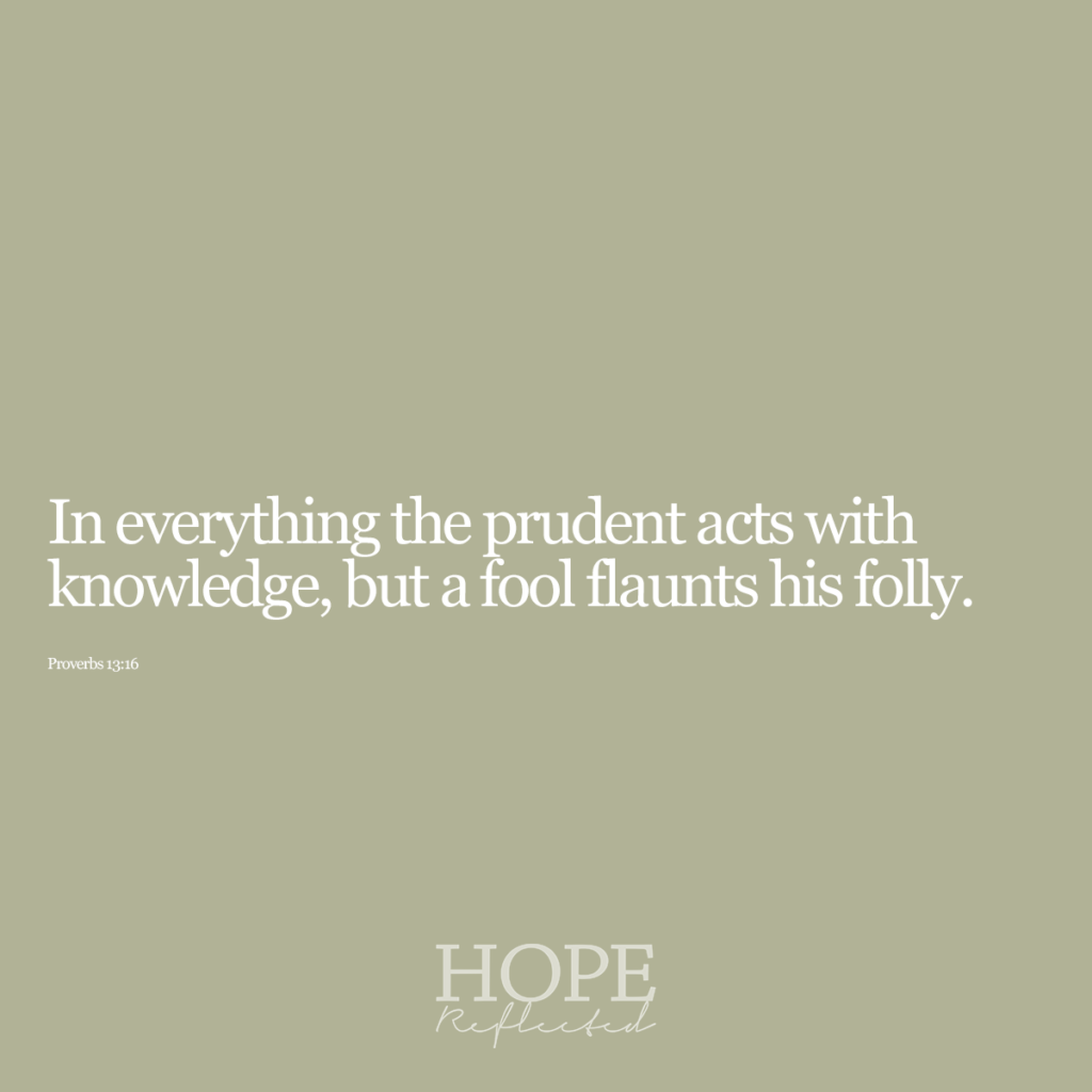 "In everything the prudent acts with knowledge, but a fool flaunts his folly." (Proverbs 13:16) | Read more on hopereflected.com